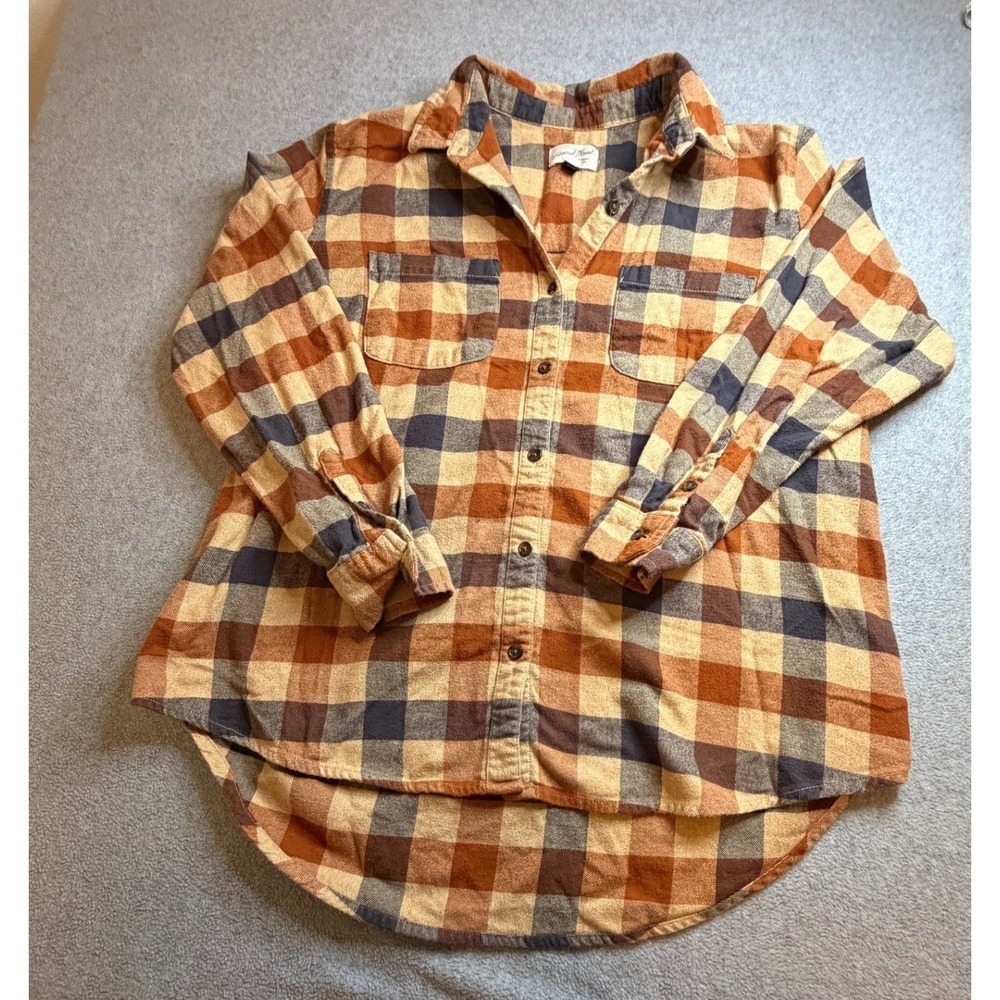 Universal Thread‎ Flannel Shirt Mens Large Orange Brown Plaid High Low Button Up